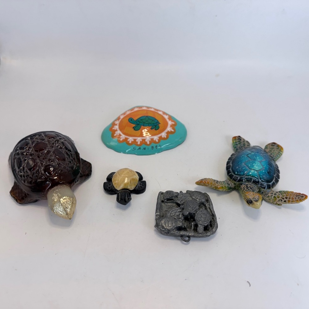 Vintage Turtle Figurine Lot Amber Glass Resin Sanibel Shell Metal 5pc Collection